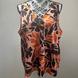 Old Navy Women’s  Top Size XL V-Neck Sleeveless Satin Floral Coral Black Orange